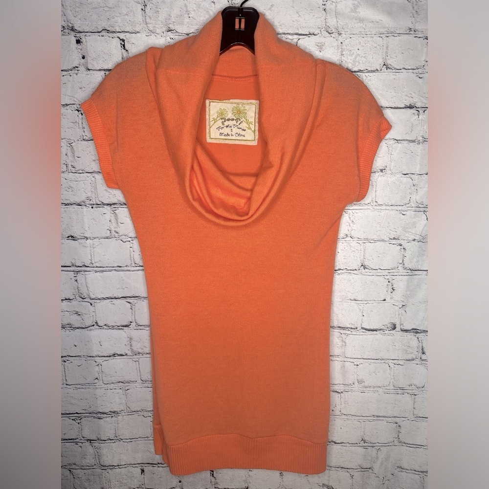 POOF! | Cowl Neck Short Sleeve Sweater Orange/Coral Top Blouse Small Turtleneck